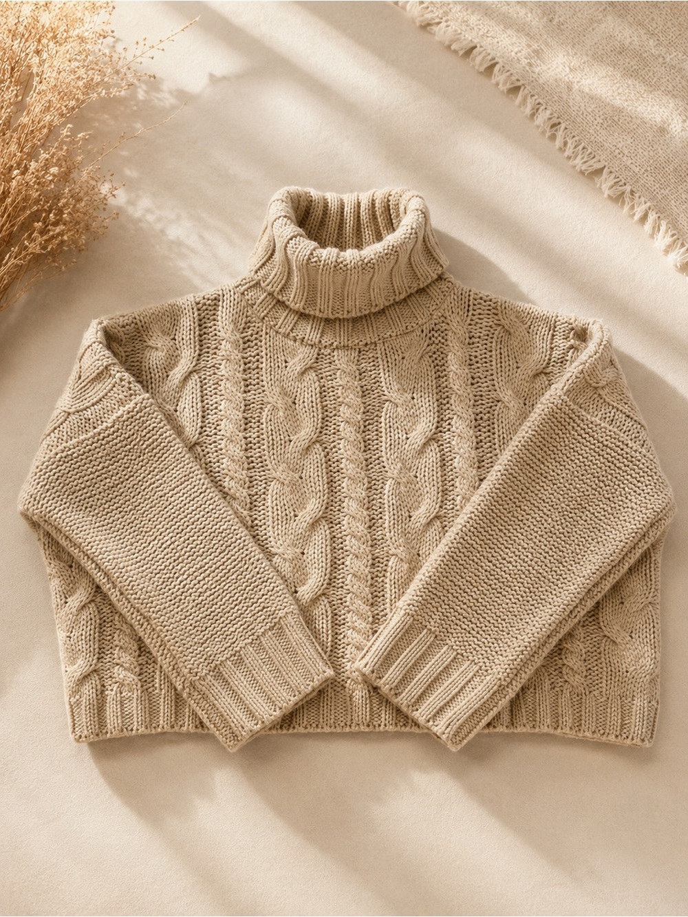 Love Tree Cable Knit Turtleneck Sweater Beige Chunky Cozy Oversized Small